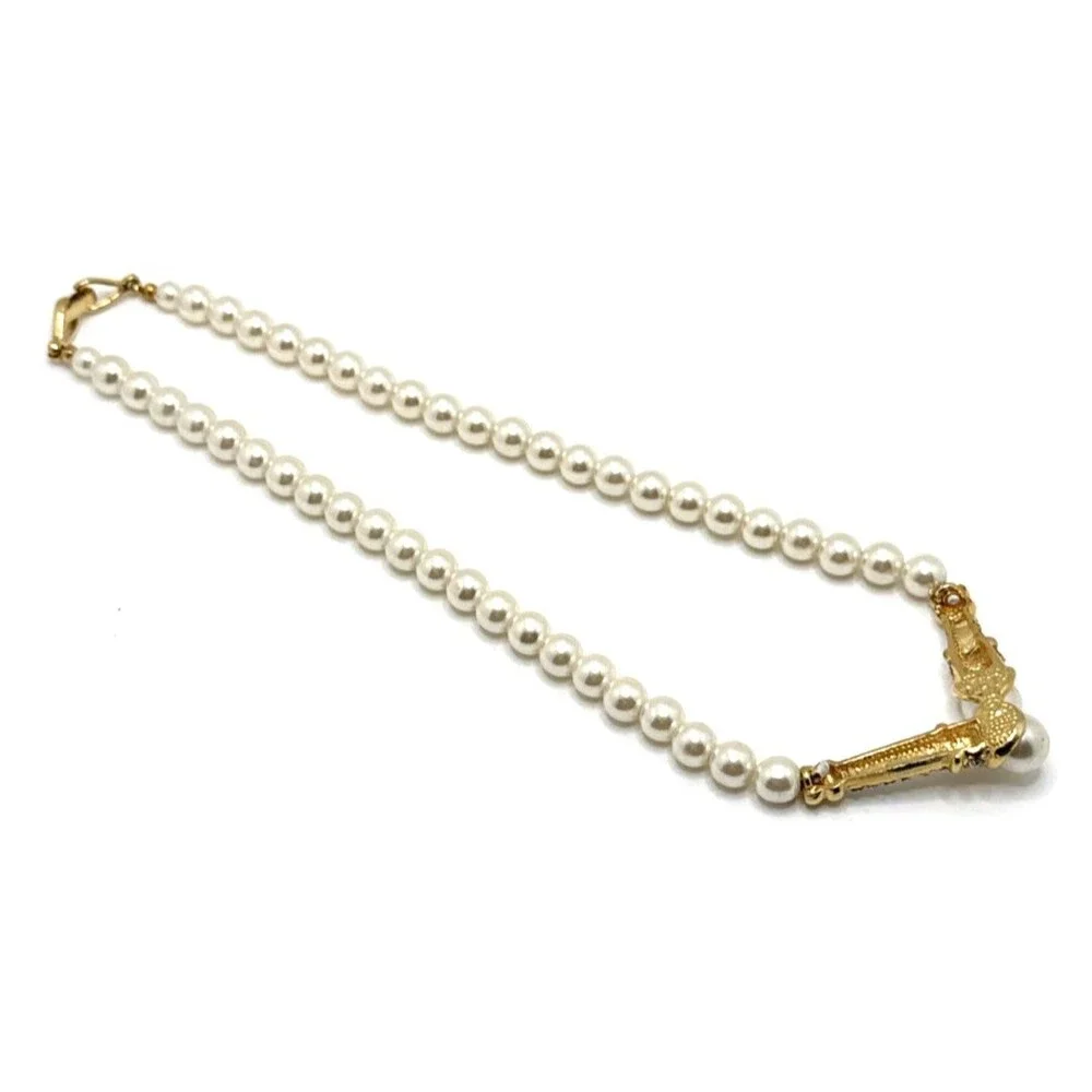 Faux Pearl Rhinestone Choker Necklace Gold Tone Statement 18